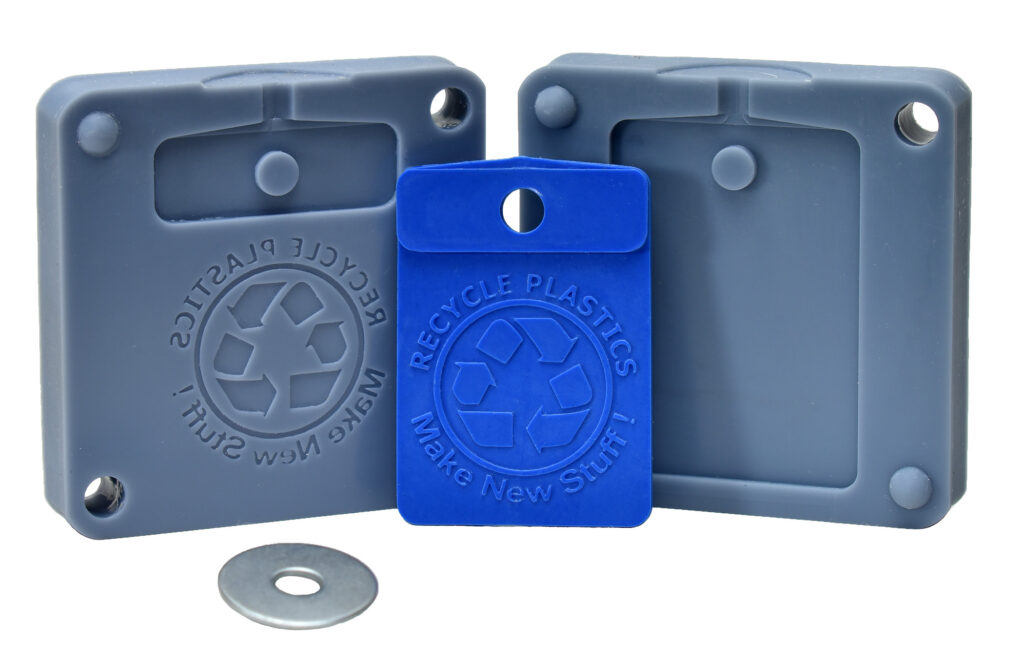 3D printed mold with prototype plastic part - plastics recycling coupon
